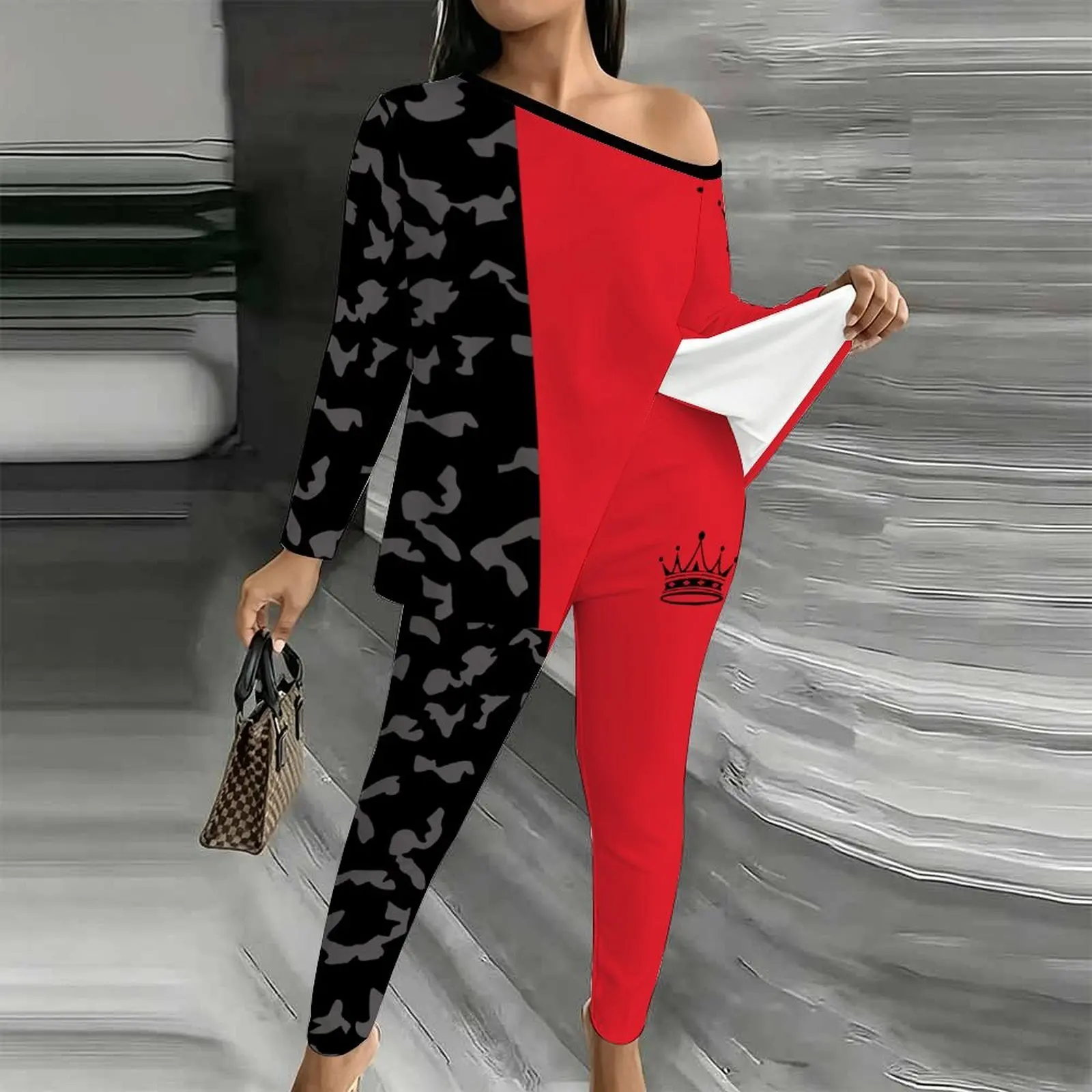 Fashion Printed Jogging Pants Off Shoulder T-shirt Autumn Winter Women's Diagonal Collar Long Sleeved Elegant Two-piece Set