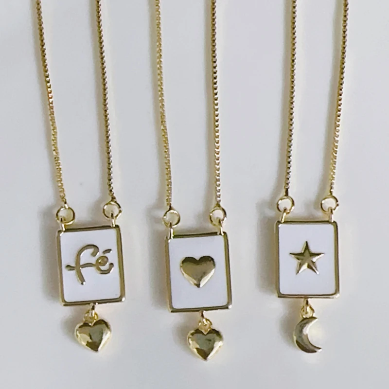 5 pcs/lot Latest design Gold Plated Brass Enamel Pendants Necklace Heart Star White Faith Charms Necklace Of Religious