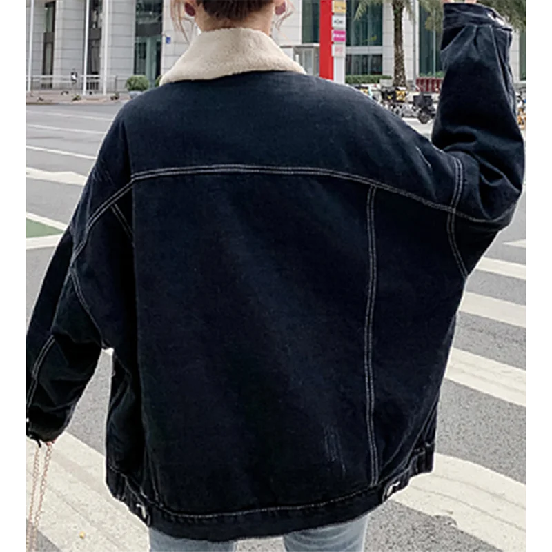 American Denim Jacket Women Loose Padded Thickened Winter Outwear Fashion High Street Chic Big Pockets Bright Line Hip-Hop Coat