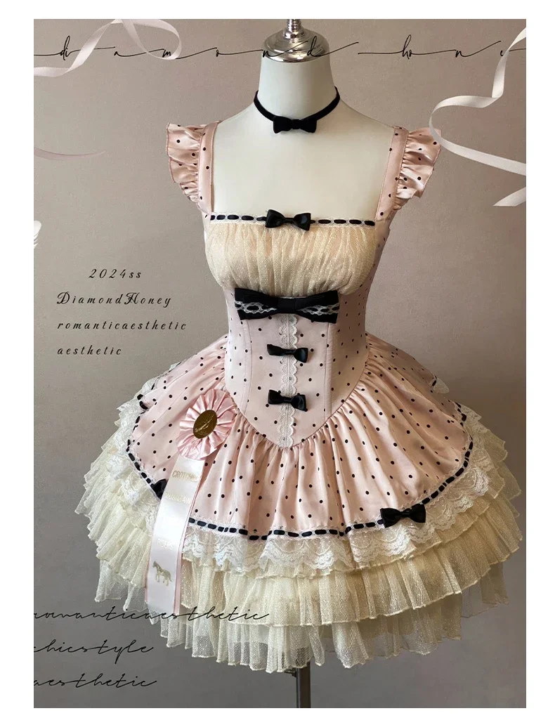 New Original Japanese Harajuku Cool Girl Fashion Pink Bow Wave Point Dress Female Lolita Temperament Slim Sweet Kawaii Jsk Dress