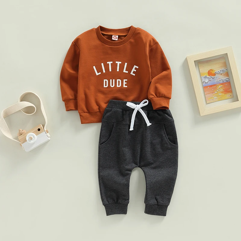 VISgogo 0-3Y Baby Boys Clothes Autumn Set Letter Print Sweatshirts Tops Elastic Drawstring Pants Toddler Outfits 2pcs Set