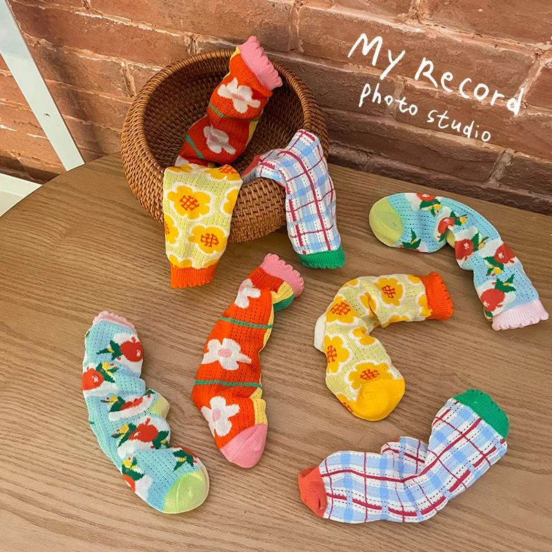 4Pairs Pack 1-8 Year 2022 summer thin flower plaid card silk mesh socks edge girls socks