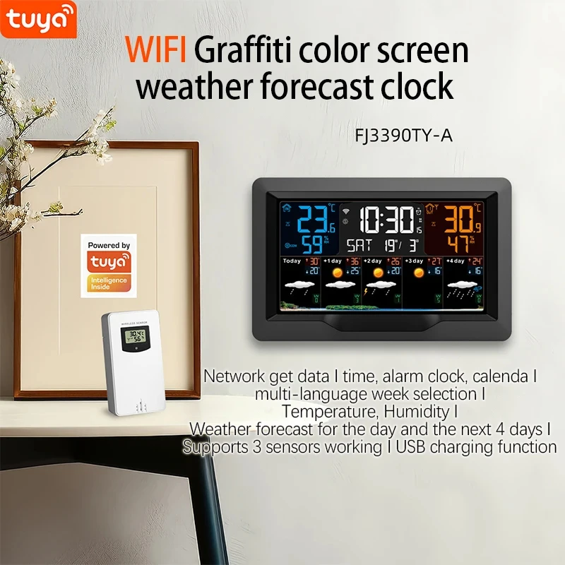 Tuya WIFI Smart Weather Station APP Control Multifunction Weather Monitor Indoor Outdoor Temperature Humidity Meter Color Screen