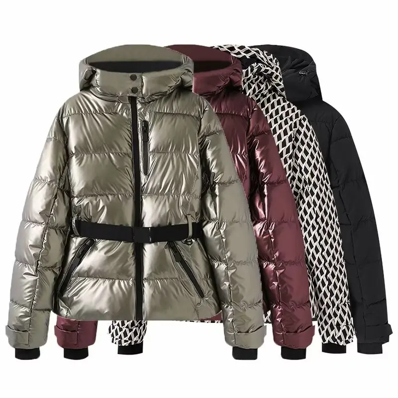 Women's Shiny Metallic Puffer Coat Belted Waist Detachable Hood Thick Quilted Jacket Winter Streetwear Y2K