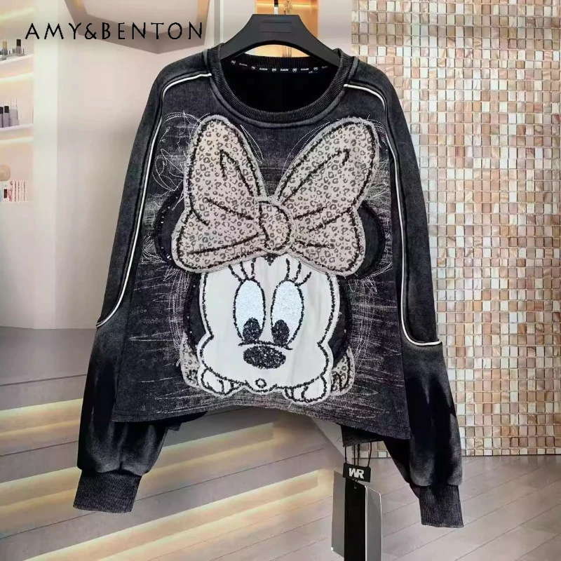 

2025 Autumn Winter Fleece Embroidered Cartoon Youthful Loose Hoodies Jacket Fashion Small Round Neck Sweatshirt Top Pullovers