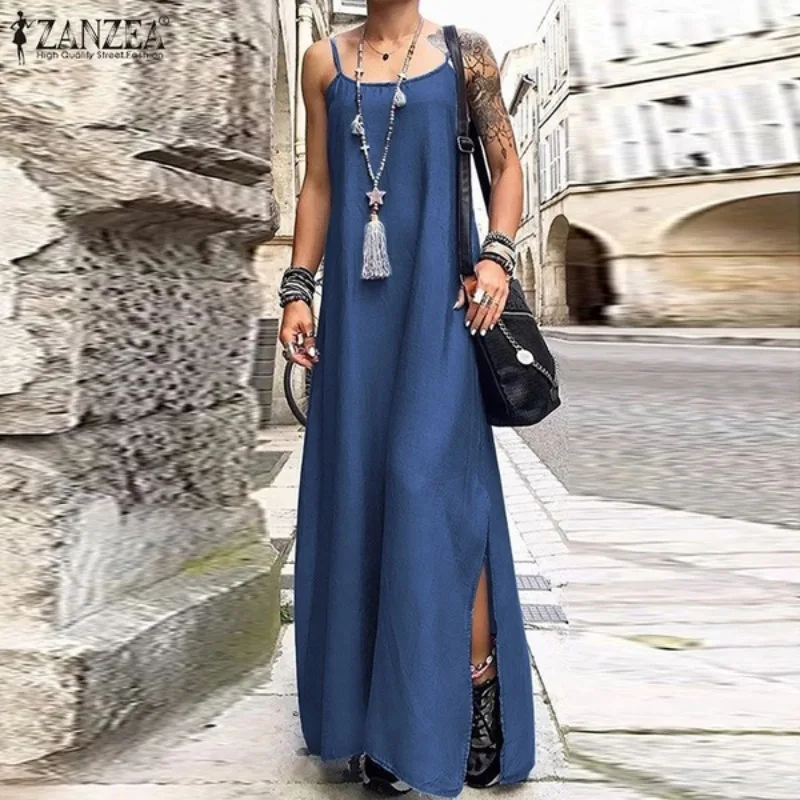 New sexy and loose fitting denim dress with straps, unique design, showcasing personal charm and fashionable taste