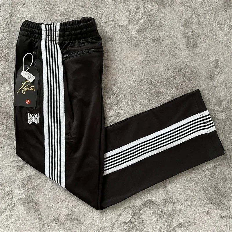 

25ss Butterfly Embroidery AWGE Black Striped Pants Men Women Best Quality White Pants Blue Zipper Pocket Trousers