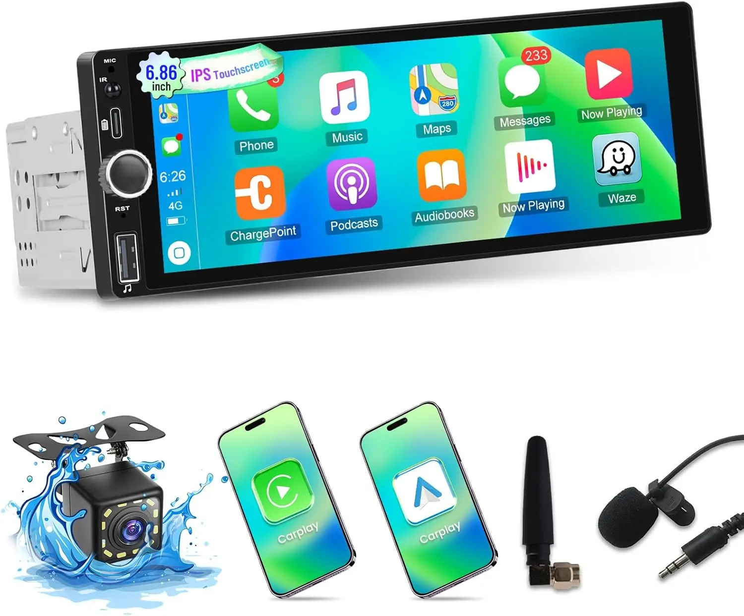 ستيريو سيارة بشاشة لمس 6.86 بوصة مع CarPlay Wireless Android Auto، Bluetooth، FM، USB-C، AUX، TF، EQ، كاميرا احتياطية