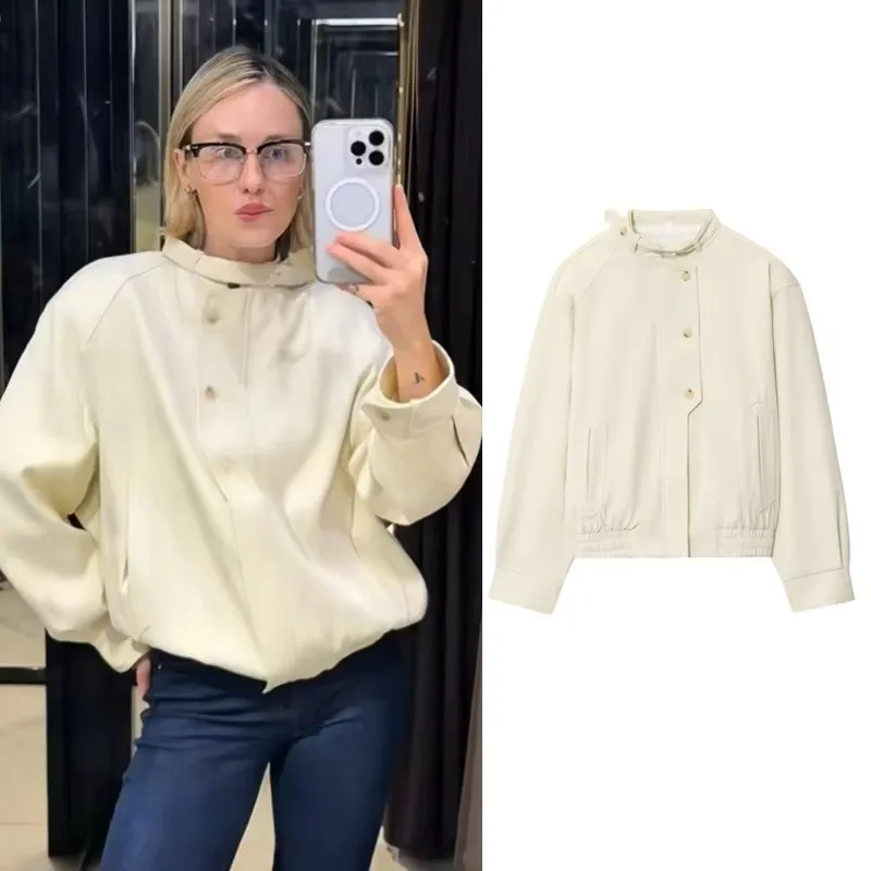 Cream White Stand Collar Bomber Jacket Asymmetric Button Placket Raglan Sleeve Elastic Hem Loose Minimal Short Outerwear