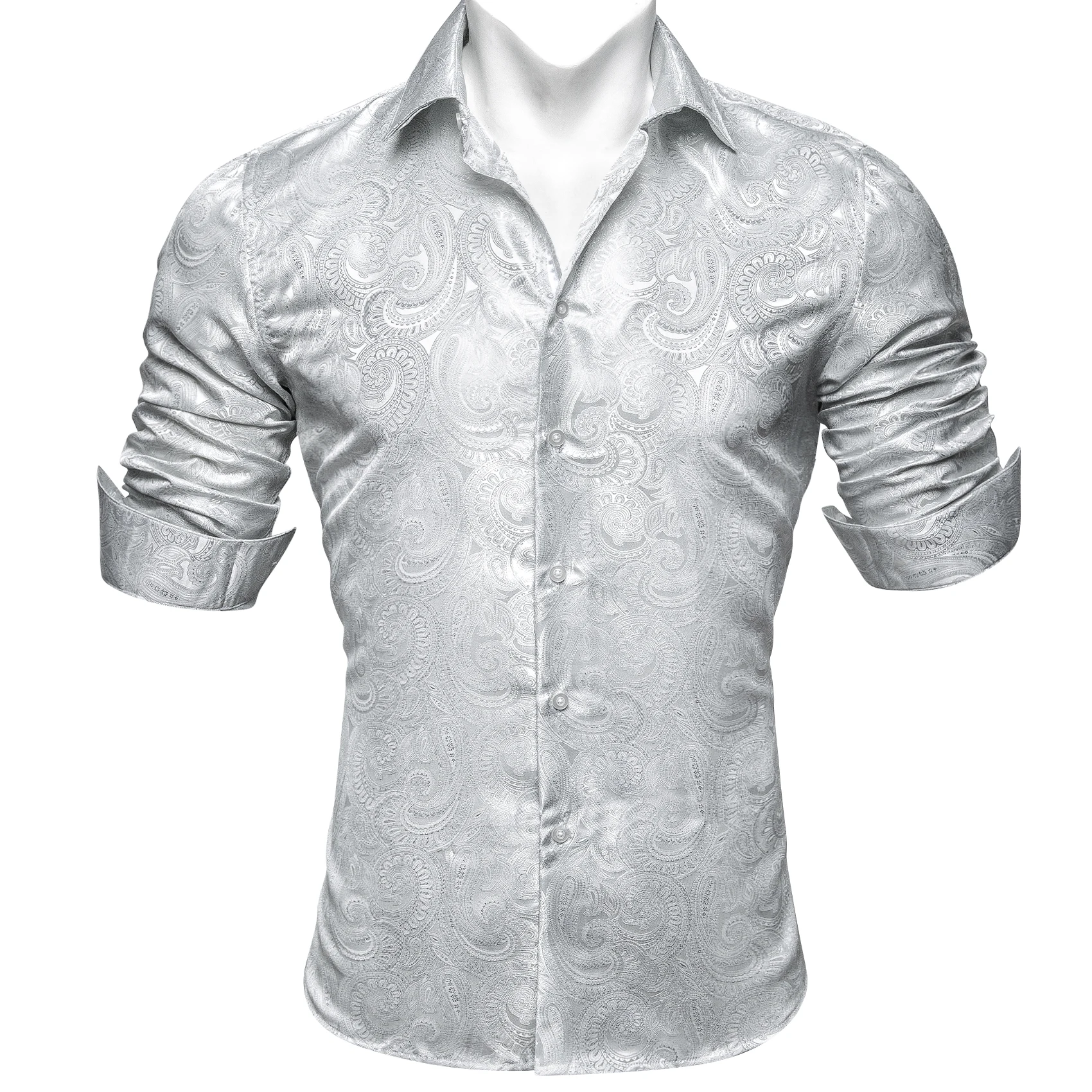 Luxury Silk Shirts for Men White Silver Gray Paisley Long Sleeved Embroidered Tops Formal Casual Regular Slim Fit Blouses 612