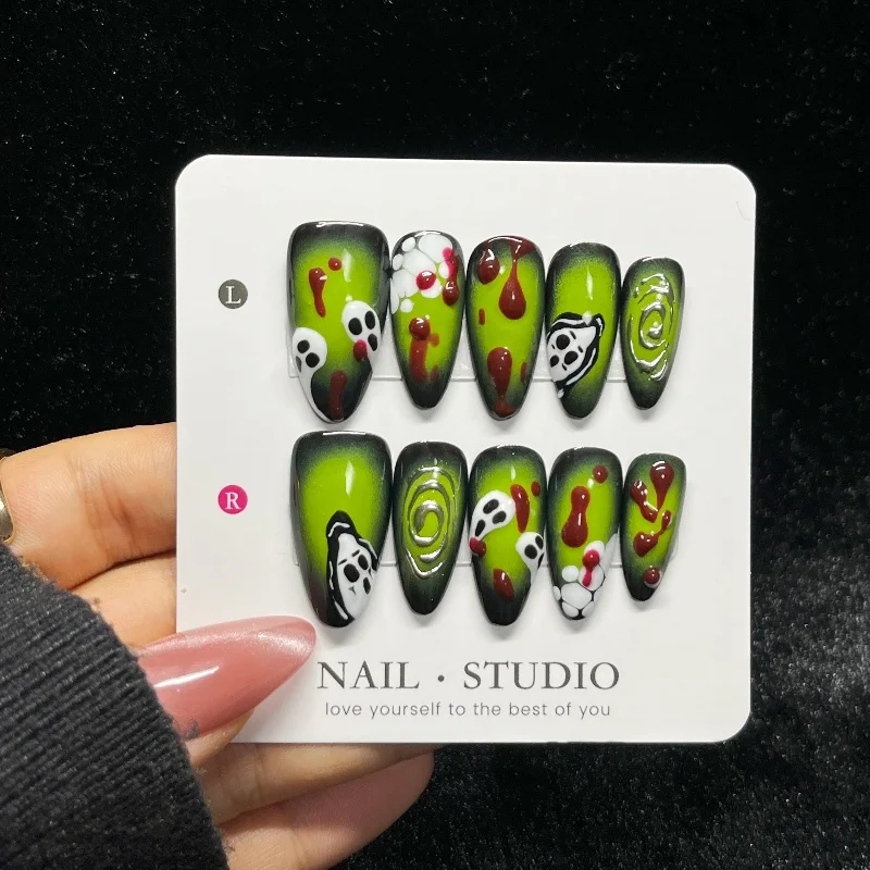 

10PCS Halloween Green Gradient French Handmade False Nails Eerie Ghost Bloody Red Drip Almond Press on Nails Wearable Fake Nails
