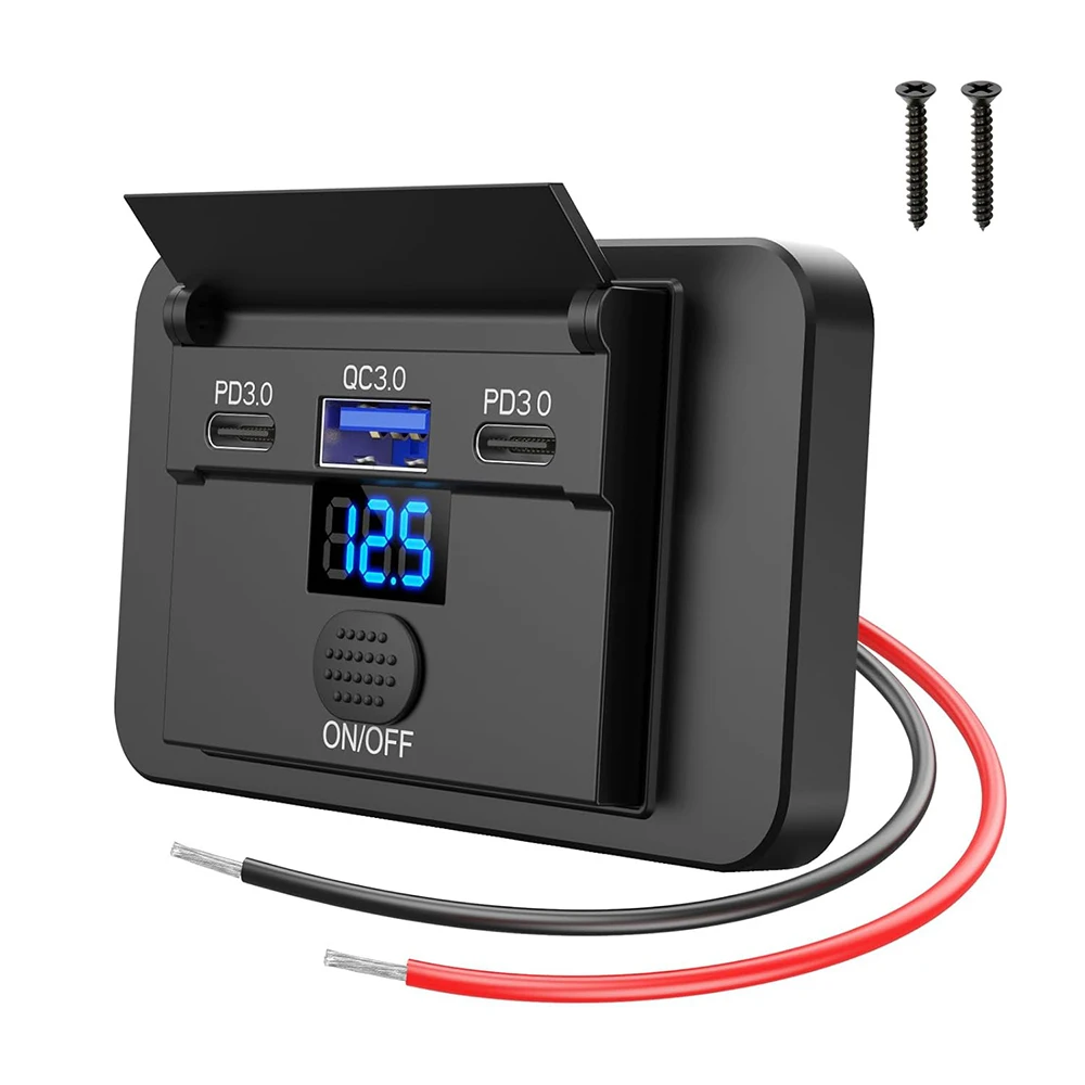 3-Port 12V USB Outlet Surface Mount Dual PD3.0 36W & QC3.0 18W Car USB Port with Voltmeter Charger Socket Panel for RV Bus Boat