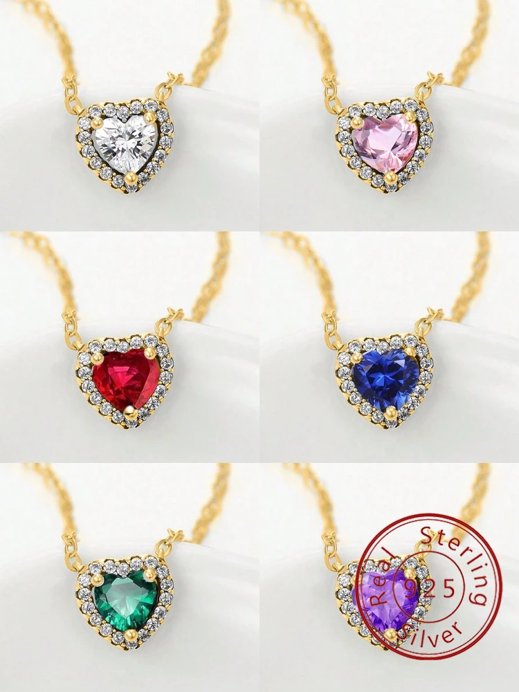 

925 Sterling Silver Fashionable Colorful Love Heart Zircon Necklace for Women Anniversary Party High Quality Fine Jewelry