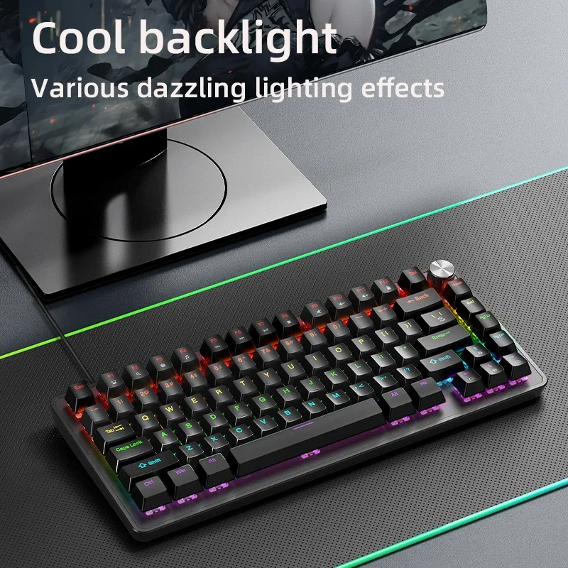 75% Mechanical Keyboard Wired with Media Knob APAYADO Black Gaming Keyboard Hot-Swap ABS Cap Transparent Character Backlighting