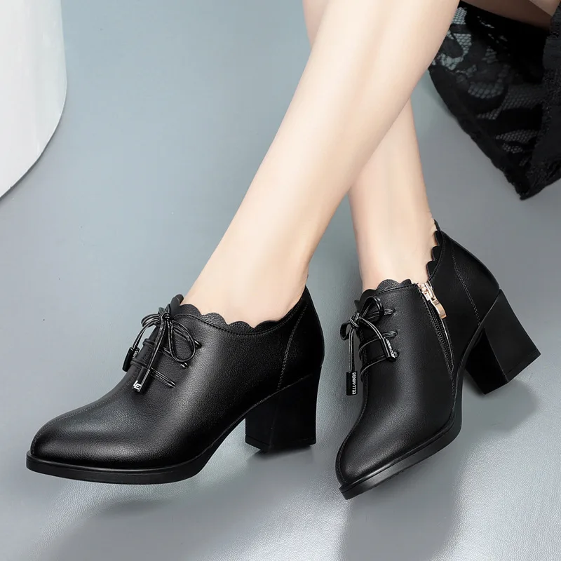 Leather Shoes 2024 Zipper Shallow Mouth Real Cowhide Short Boot Middle Heel Women\'s Ankle Boots Apricot Grace Black Office Work