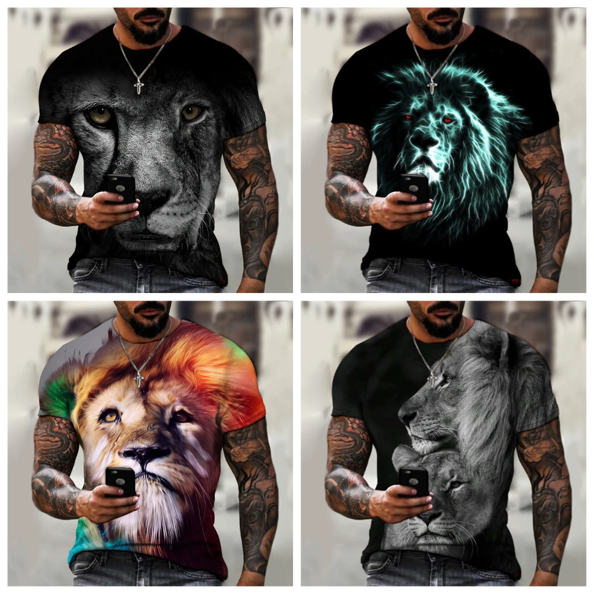 

2025 Summer Hot-selling New Men's 3D Animal Lion Print Fashion Outdoor Street Round Neck Casual Loose Short-sleeved T-shirt