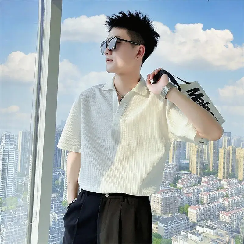 

Белая повседневная мужская футболка из ледяного шелка, летняя модная футболка, молодежная, свободного кроя, с пуговицами