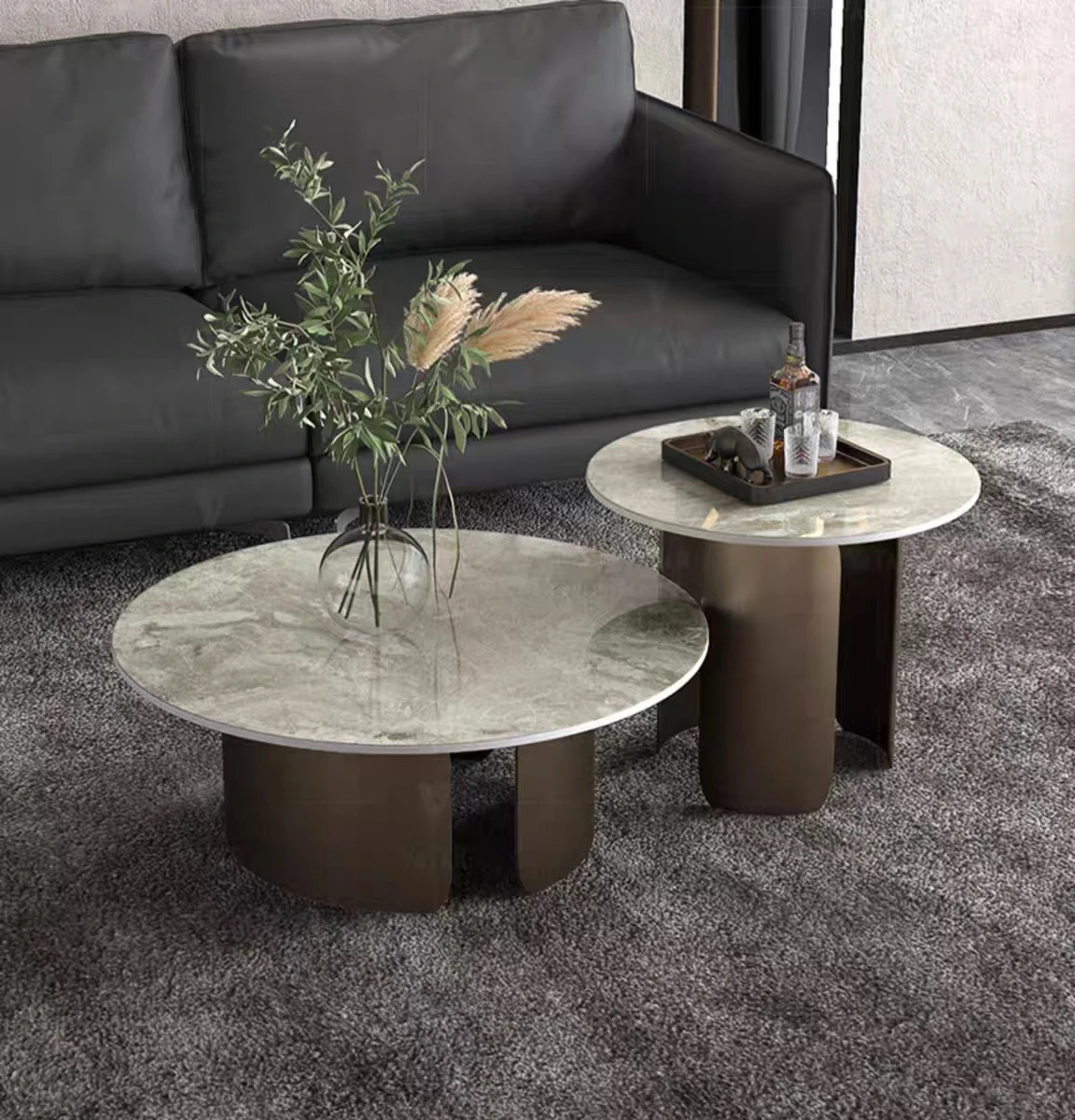 

Modern simple living room marble end table with combination Italian round edge stainless steel coffee table