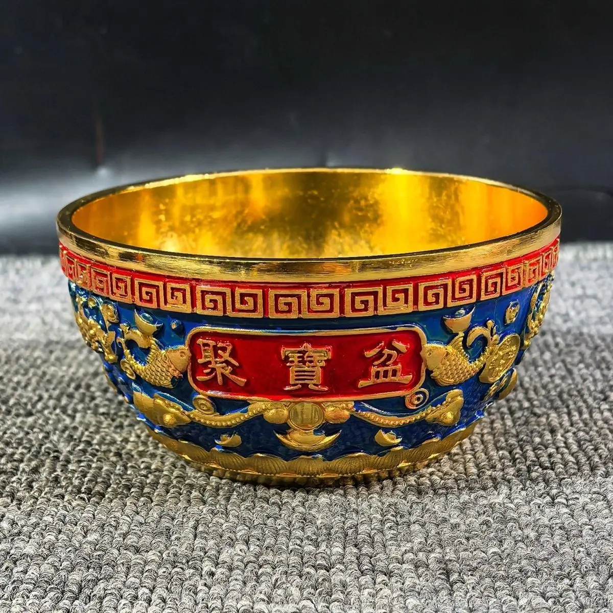 Painted cloisonne Wufu cornucopia attracts wealth and treasures, golden bowl home decoration weighs about 485 grams ornament