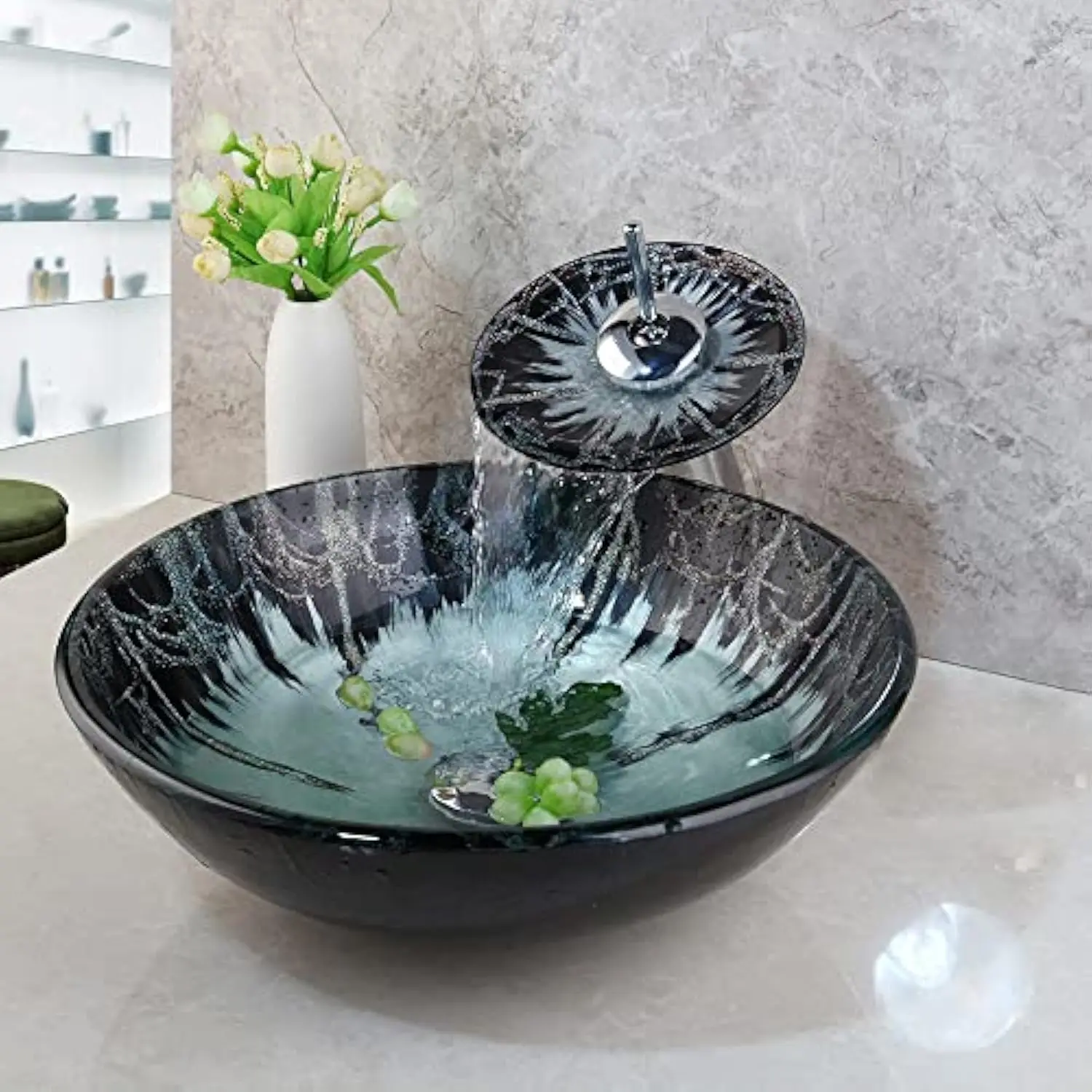 

Green Glass Vessel Sink With Faucet And Pop-Up Drain Combo 17 Inch Round Tempered Glass Basin Bathroom Bowl Sinks Above Counter