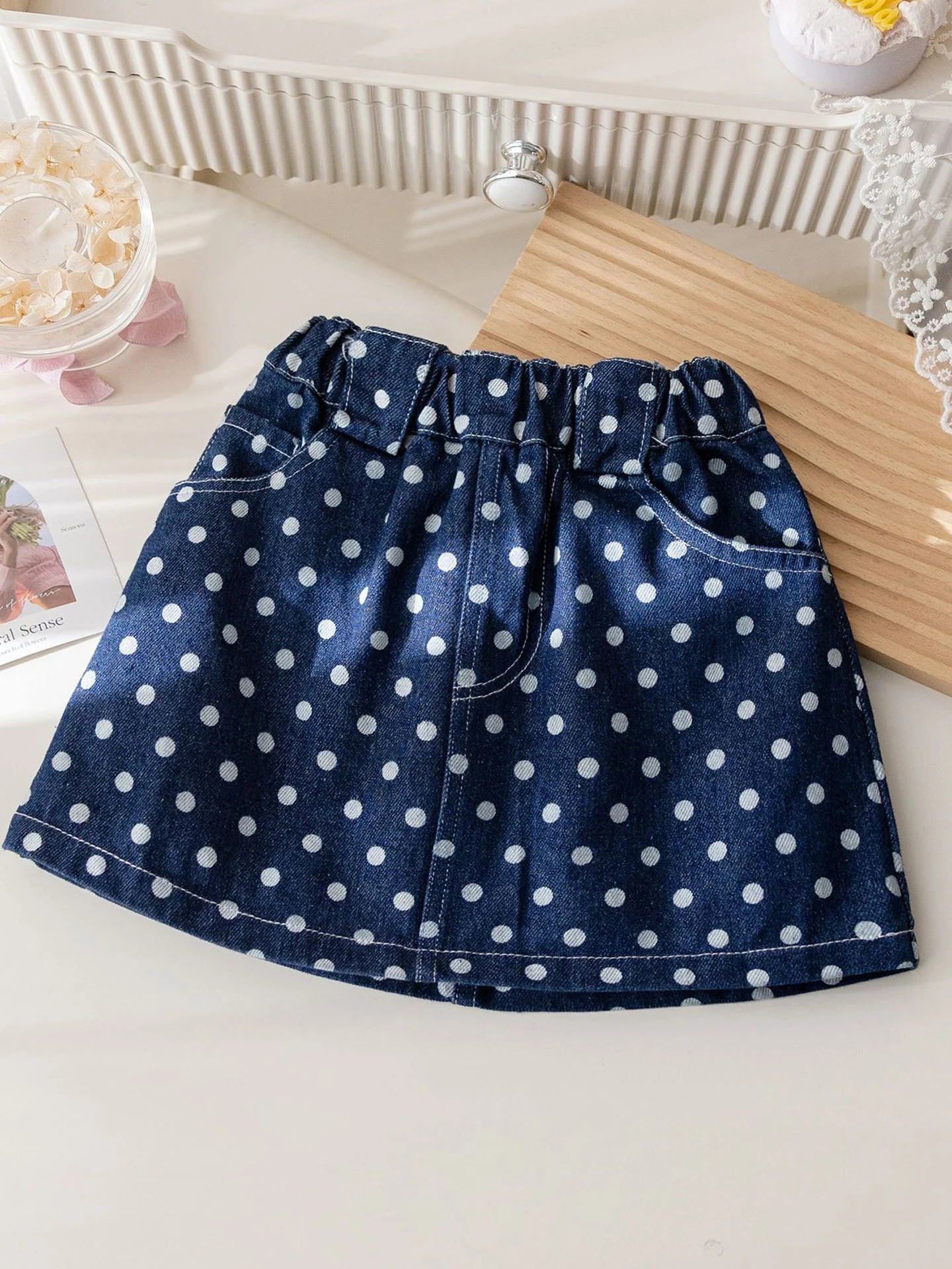 Summer Girls' Dot Denim Short Skirt Korean Kids Fashion Pocket Apple Embroidery Half Skirts High Waist Slim A-line Skirts