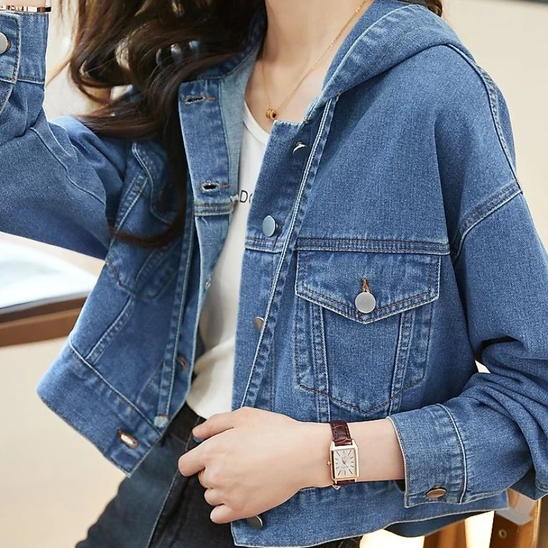 Crop Hooded Small Women\'s Denim Jackets Outerwears Female Jeans Coat Spring Autumn Plain Blue Short On Offer With Elegant Classy