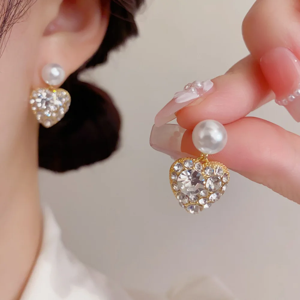 Romantic Heart Pendant Earrings Radiant Sphere Stud Shiny Crystal Cluster Love Charm Elegant Wedding Jewelry Gift For Her