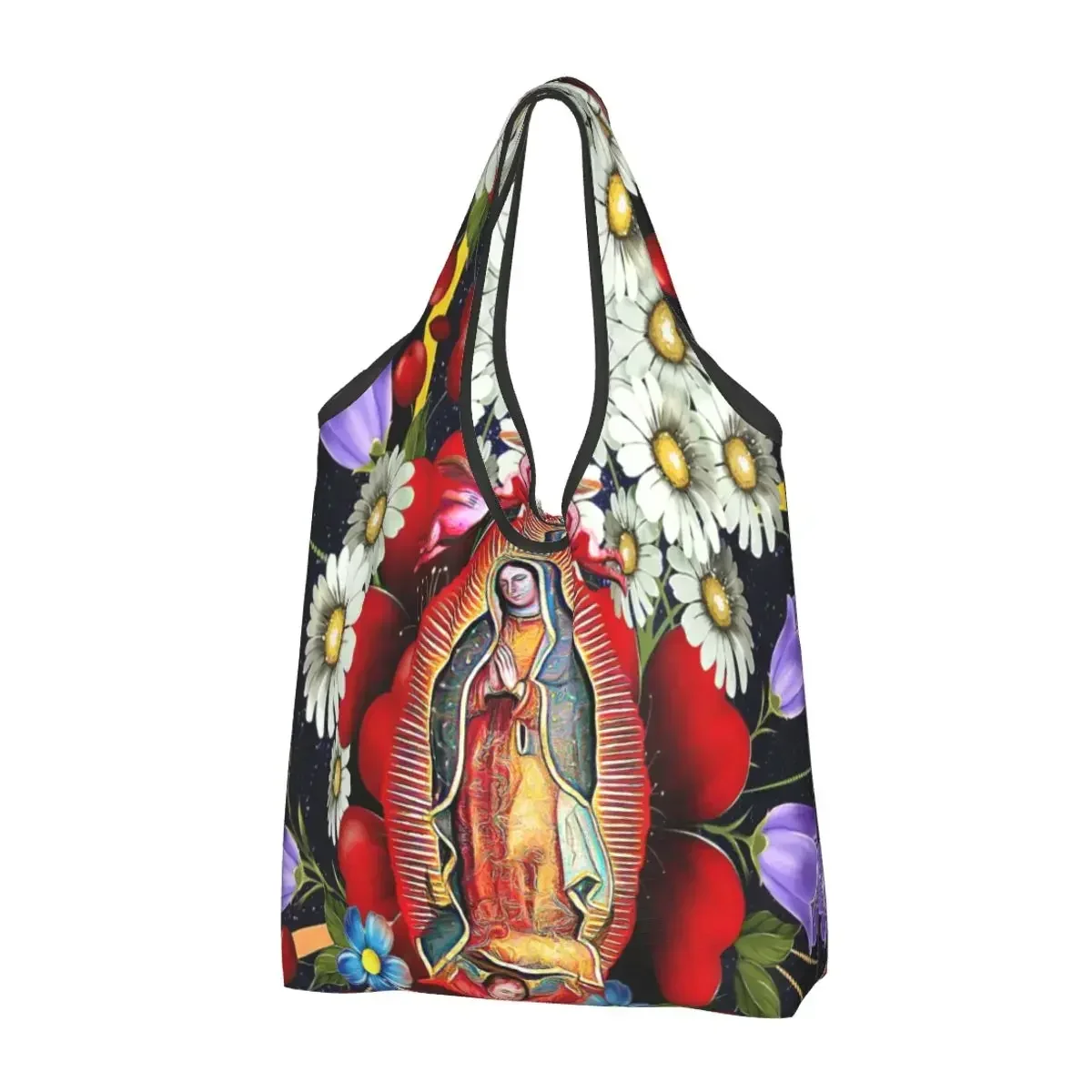 Bolso de compras de nuestra Señora de Guadalupe para mujer, bolsa de mano portátil, Virgen María mexicana, flores de México, Tilma, bolsas de compras de comestibles