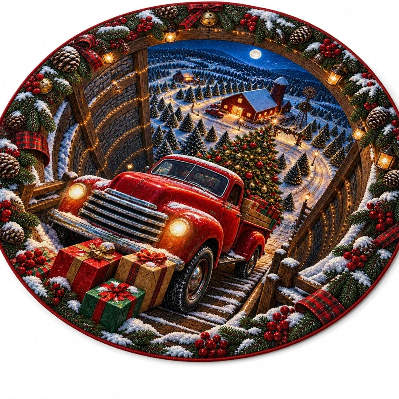 2D Vortex Optical Illusion Round Rug Santa Claus Chimney Gift Print Floor Mat Xmas Festival Home Decor Carpet for Living Room