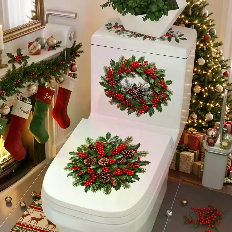 Xmas Pine Wreath Toilet Sticker Tear-Proof Waterproof Removable Bathroom Floor Decal for Home Holiday Decoration