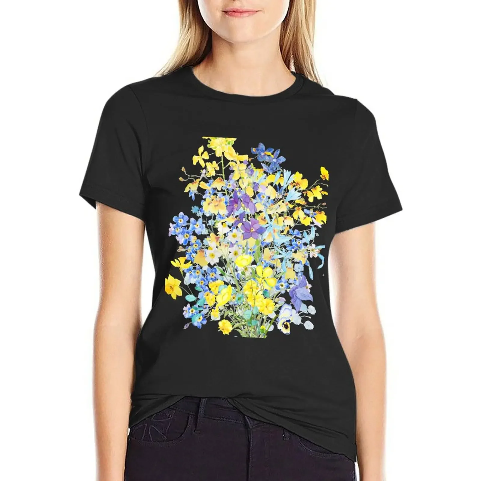 purple blue and yellow flowers bouquet watercolor T-shirt anime clothes summer clothes Women's summer blouses 2024