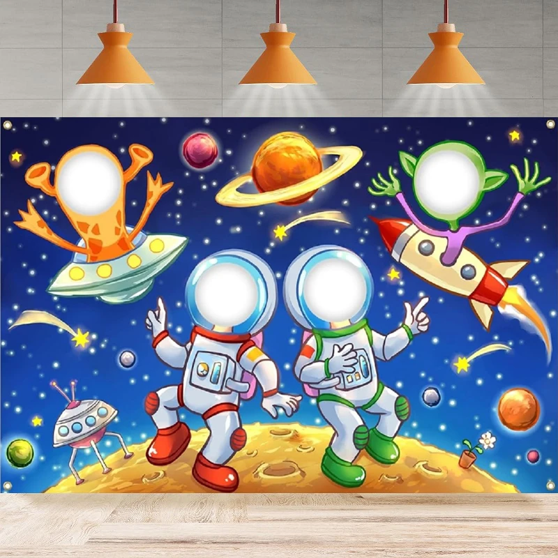 Photography Backdrop Cartoon Astronaut Alien Face Cutout Photo Props Rocket Spaceship Background Birthday Party Decor Banner