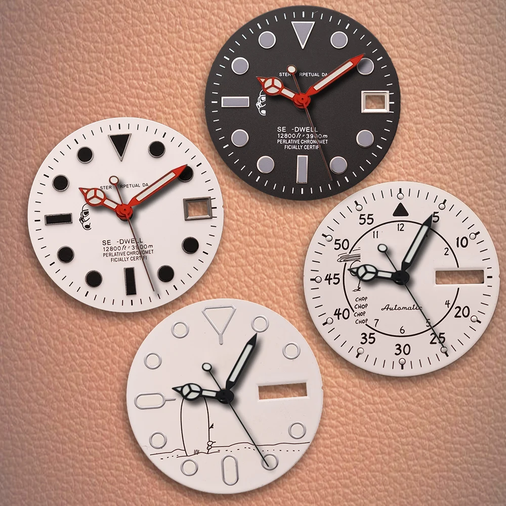 

Лидер продаж, 28,5 мм, логотип S, белый мультяшный циферблат с собакой, зеленый серебристый циферблат, подходит для NH35/NH36/7S/4R, аксессуары для модификации часов