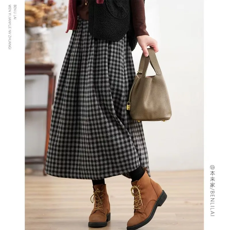 Women Autumn Winter Thick Vintage Plaid Woolen Cloth Elastic Waist Skirt Women Clothes Simplicity Elegant All-match A-line Skirt