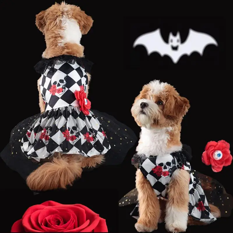 Halloween Pet Dress Skull Pattern Pet Lace Skirts With Eye Flower Dog Clothes For Small Medium Breeds Cosplay Costume For Cospla