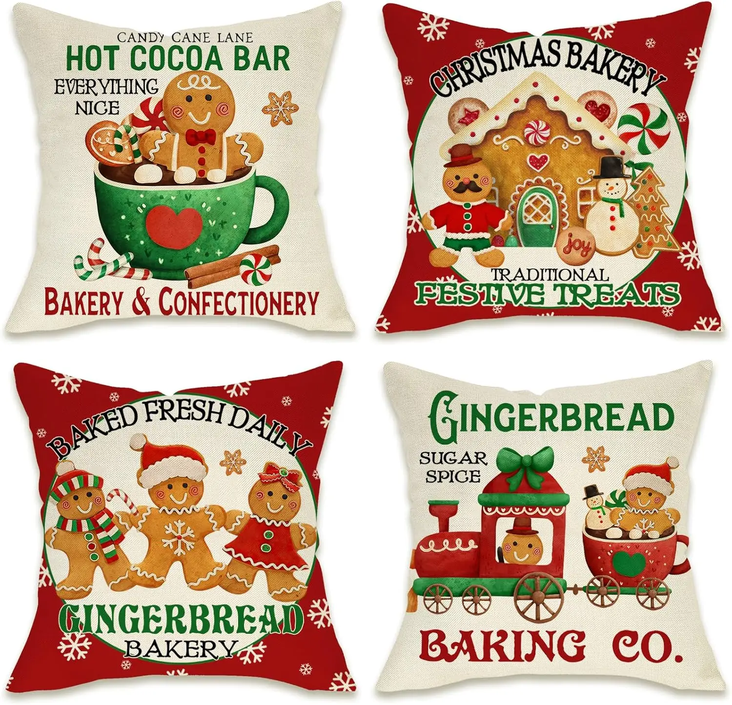 

Christmas Gingerbread Man Throw Pillow Cover 18x18 Set of 4 Xmas Bakery Hot Cocoa Porch Patio Outdoor Pillowcase Winter