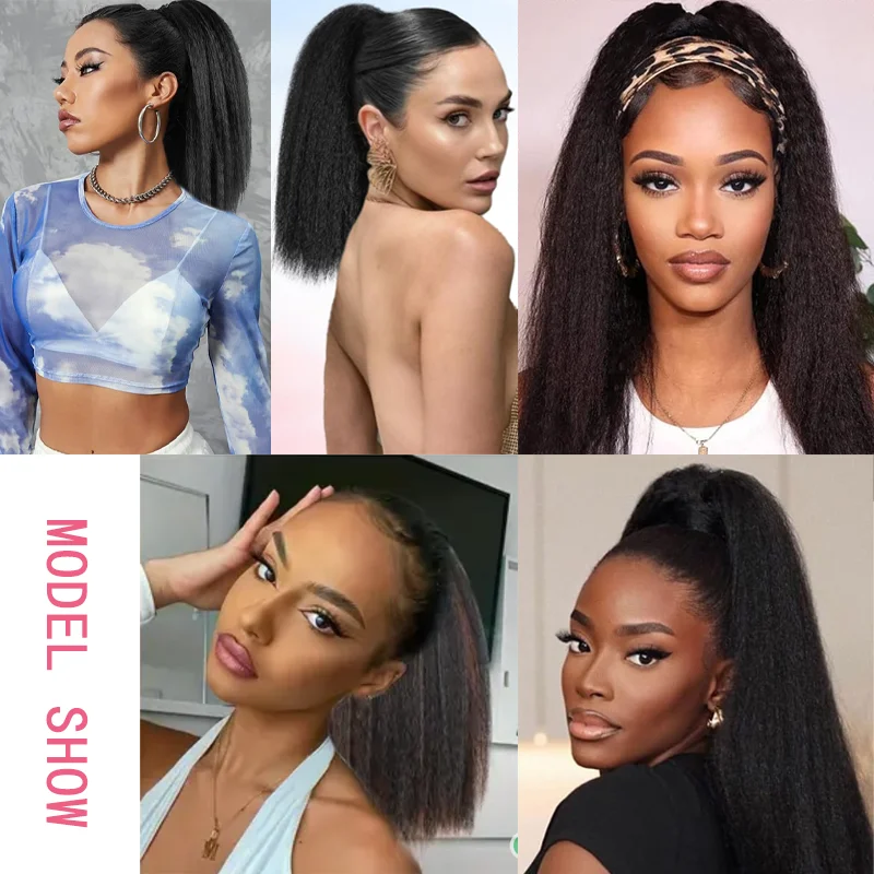 Extensión de cola de caballo recta rizada Yaki sintética de 12 pulgadas para mujeres - Clip grueso esponjoso sintético en extensiones de cabello de cola de caballo