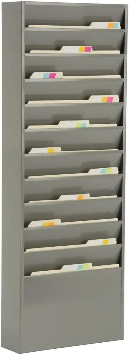 Office File Folder Wall Rack, 11 Tiered Pockets, Medical Chart Folders (Gray Powder Coated Steel)