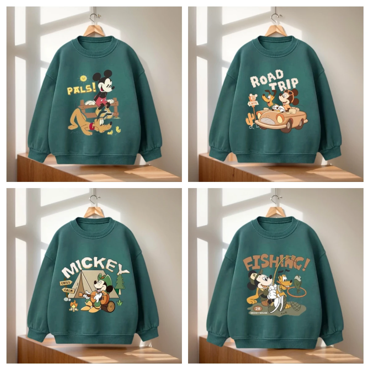

Зеленые футболки Disney Forest с круглым вырезом и длинными рукавами Mickey's Road Trip, забавные длинные дорожные футболки, 2025 год, повседневные удобные футболки для маленьких малышей