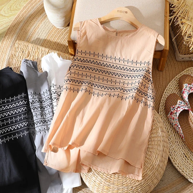 

Женский топ большого размера с круглым вырезом, вышивкой, из хлопка и льна, на пуговицах, для ношения под одеждой, летний, тонкий