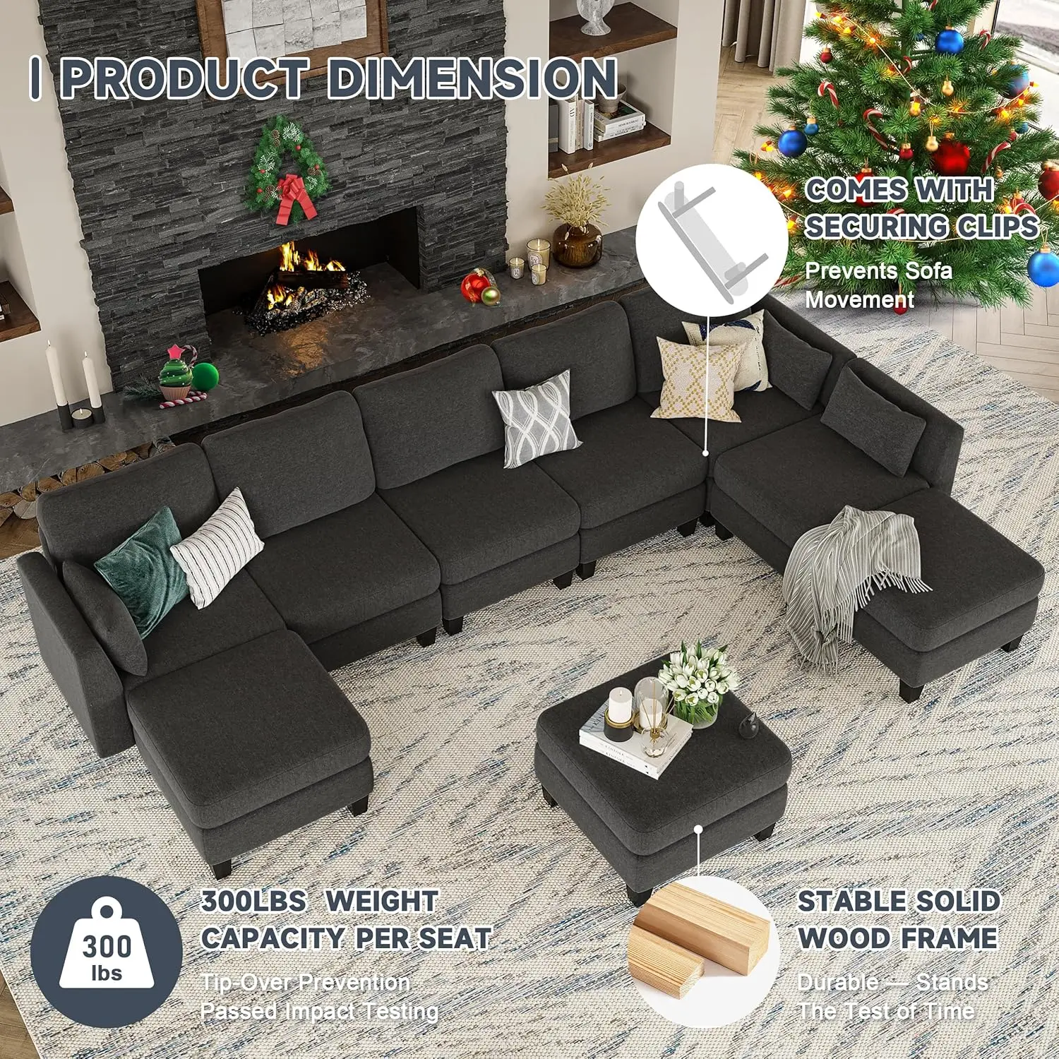 Sofá conversível em forma de U com espuma viscoelástica de alta densidade, sofá modular confortável de 6 lugares para sala de estar