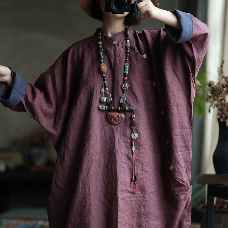 100% الكتان المرأة فستان طويل غير رسمي جديد وصول 2025 الخريف خمر الوقوف طوق بلون المتضخم فساتين الإناث M2061