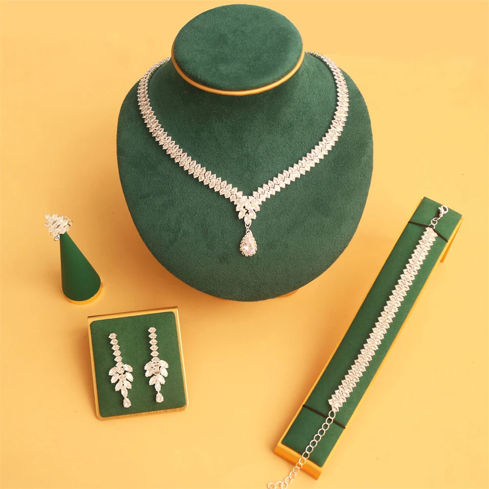 

Jewelry Set Bridal Wedding Party Necklace Bracelet Ring Earrings Jewelry Gorgeous Banquet Ladies Evening Dress Shining Set