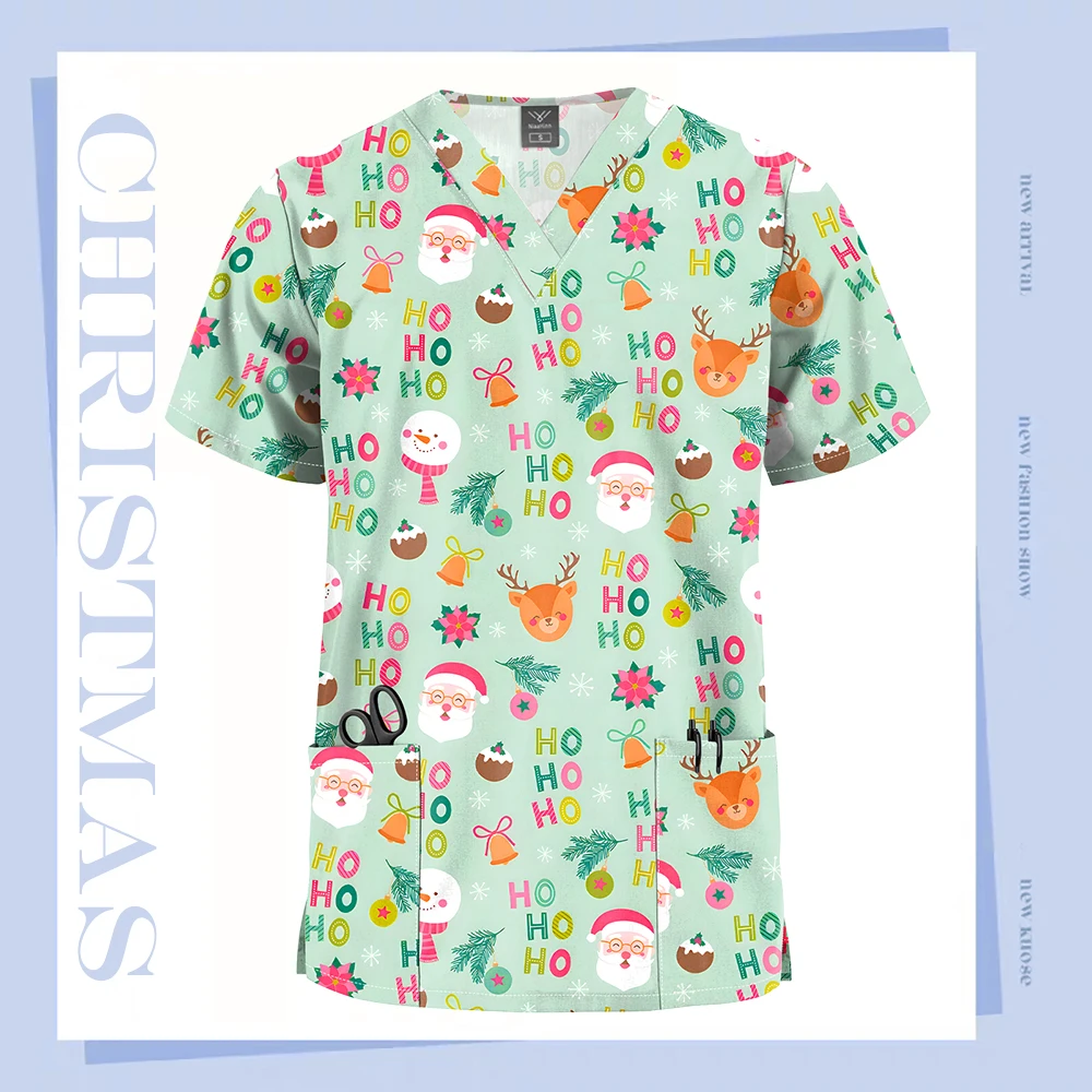 New Christmas Printing Medical Uniform Stretch V-Neck Pockets Surgical Uniforms Woman Men Dental Doctor Uniform Short-Sleeve Top