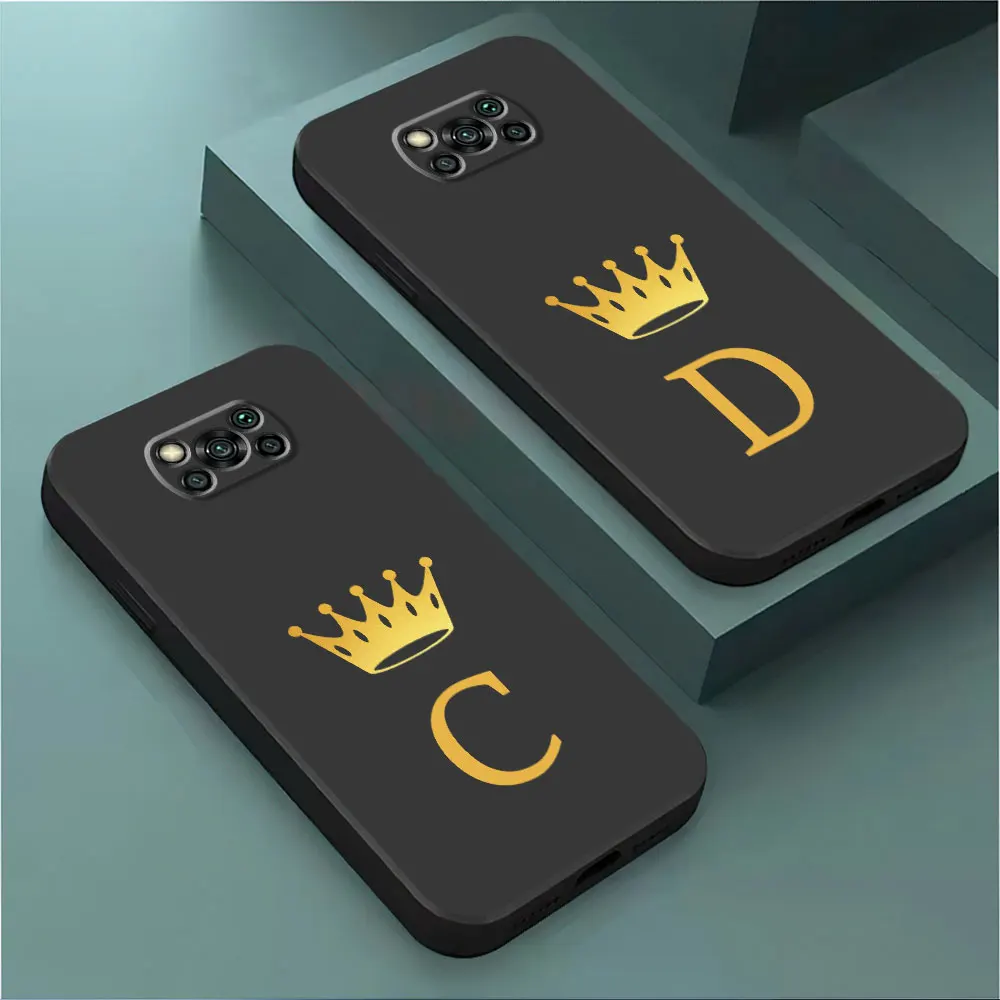 Crown 26 Letter Fashion A-F Phone Case for Poco M3 X4 Pro 5G X4 GT X3 NFC F5 C50 C51 C61 M4 Pro 5G C40 F1 M5 Black Soft Cover