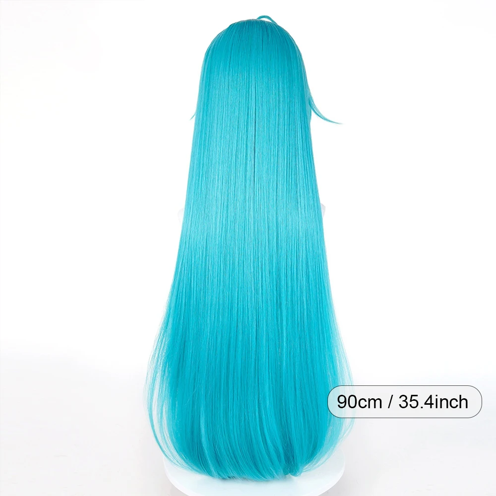 Blue Green Synthetic Cyan Rose Highlights Long Straight Wigs with Bangs Anime Game Cosplay Fluffy Wig for Daily Party