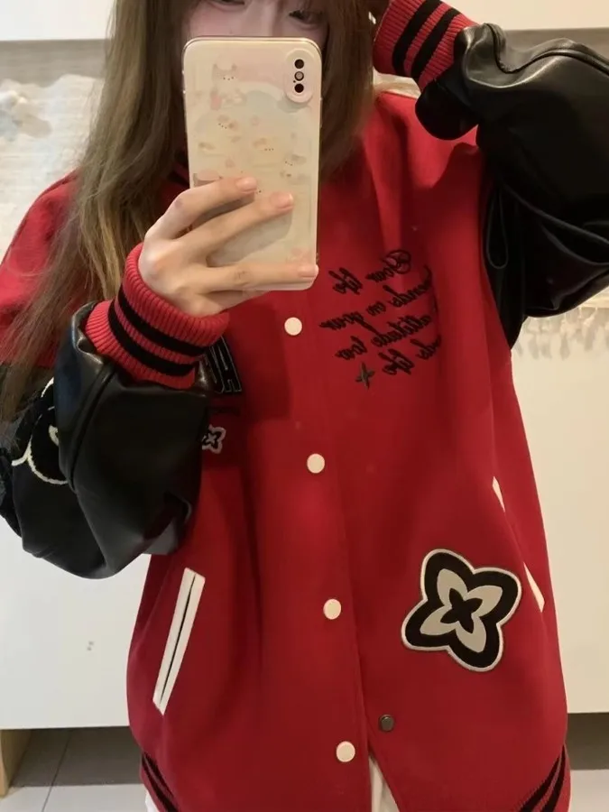 

American High Street Heavyweight Color Blo PU Leather Jaet Men's Street Autumn Winter Retro Cotton Insert Baseball Jaet