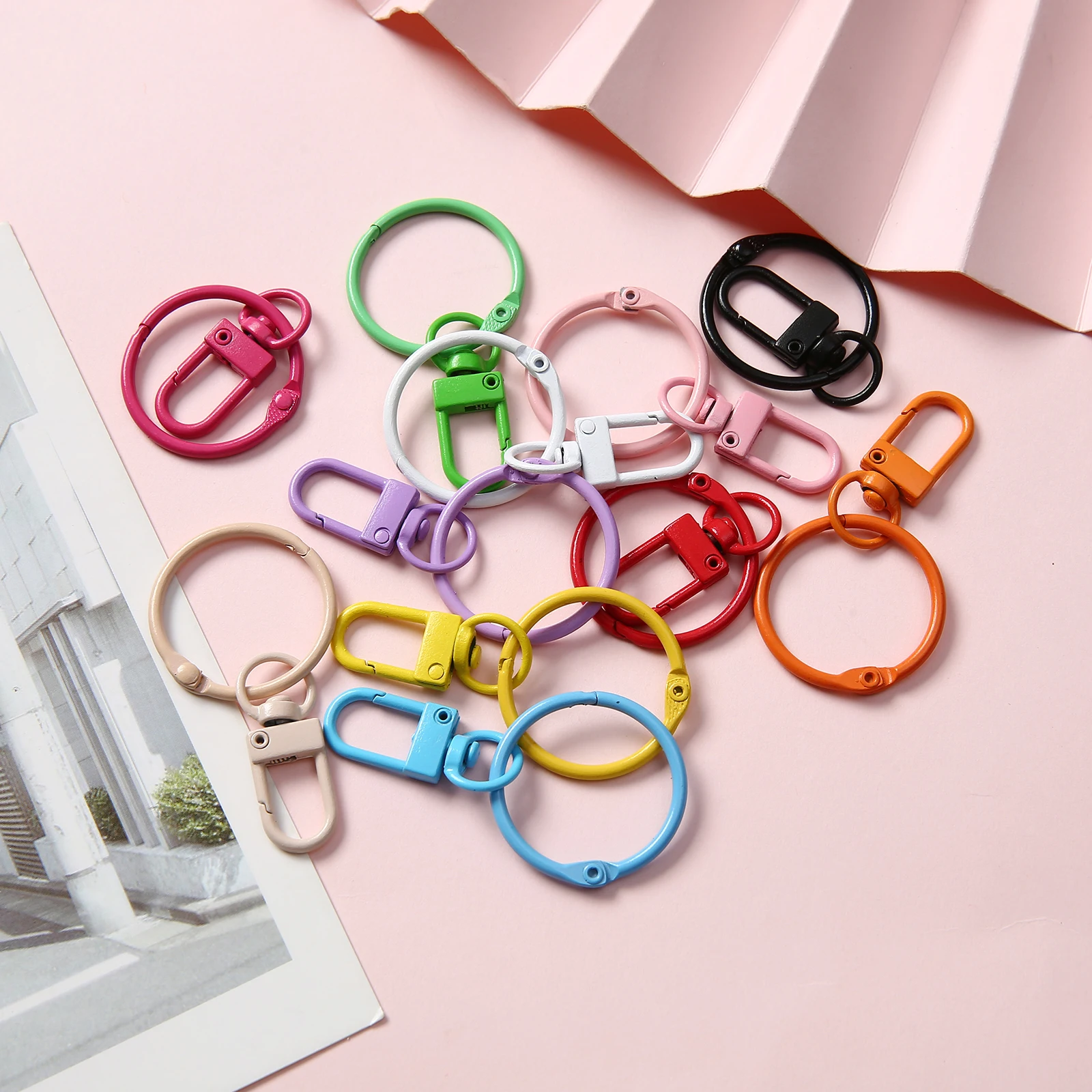 10/20/50 pcs Colorful Keyring Key Chains Round Hook with rings Lobster Clasp for DIY Pendants Jewelry Making Supplies