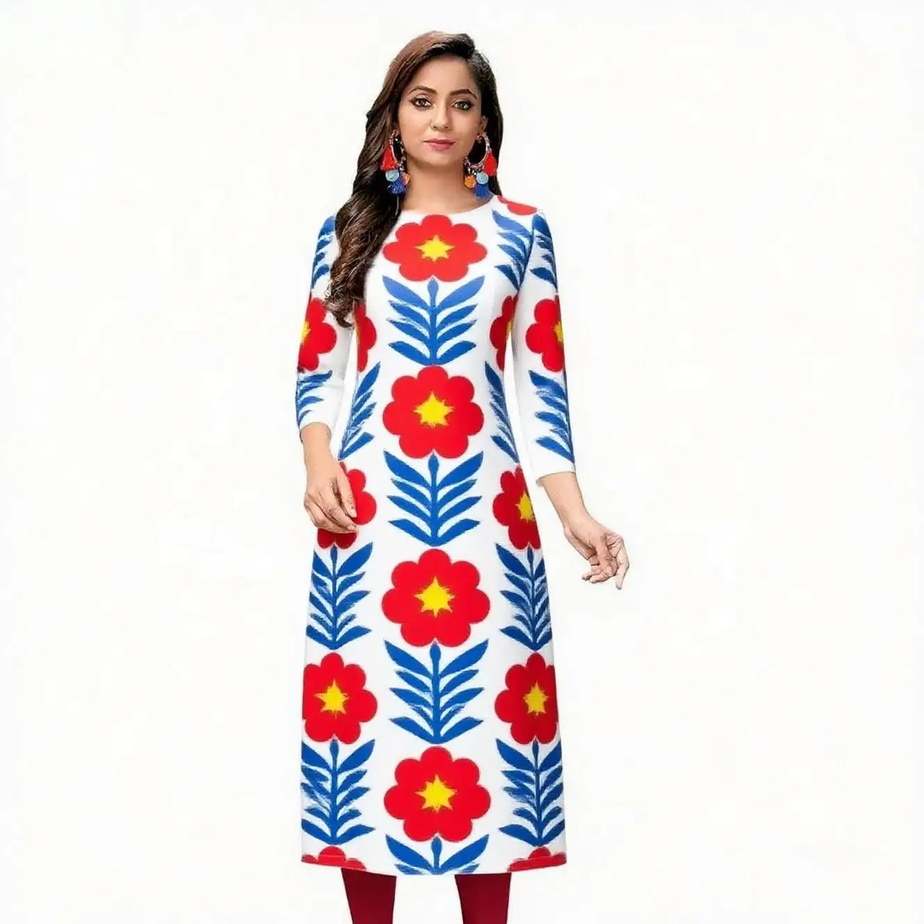 Kurt women's fashionable dress with long sleeves, straight tube, casual round neck design, and various vacation styles