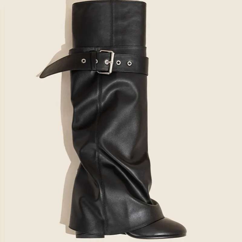 Women's Knee-high Boots Fashion Belt Buckle Designer Pants Tube Boots Women High Tube Knight Boot 7cm High-heeled Straight Boots